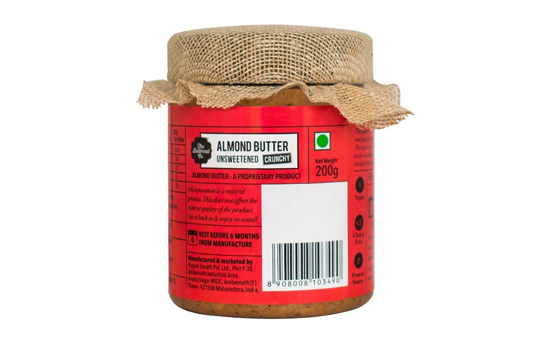 The Butternut Co. Unsweetned Almonds Butter, Crunchy   Glass Jar  200 grams